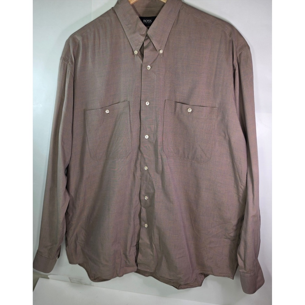 Vintage Hugo Boss Shirt Mens Large Brown Glen Plaid Flap Pocket Button Down 90s